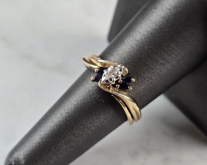 Womens Vintage Estate 10K Yellow Gold Diamond Sapphire Ring Set 4.4g E7248