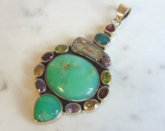 Womens Vintage Estate Sterling Silver Multi Stone Pendant 18.9g E5690