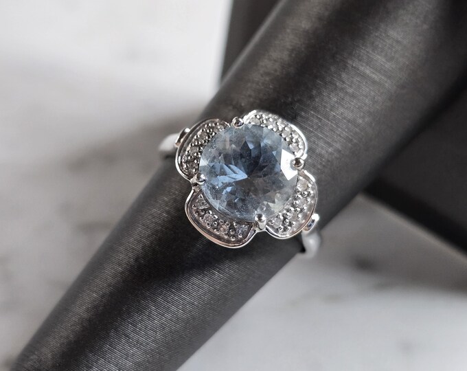 Womens Vintage Estate 14K White Gold Aqua Diamond Ring 3.7g #E5419