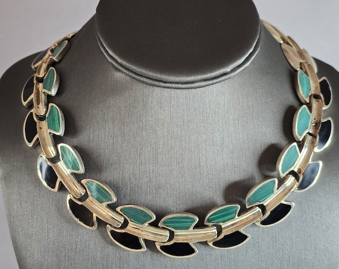 Womens Vintage Estate Sterling Silver Malachite Onyx Bib Necklace 136.2g E7999