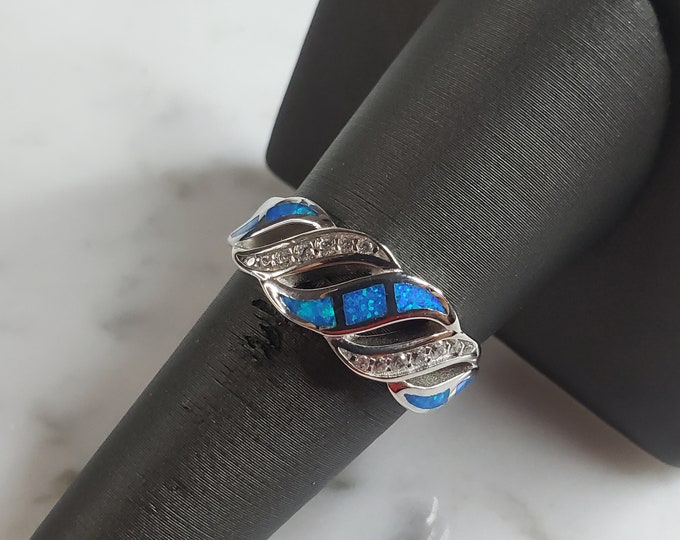 Womens Estate Sterling Silver Modernist Blue Opal & CZ Ring 4.7g E4302