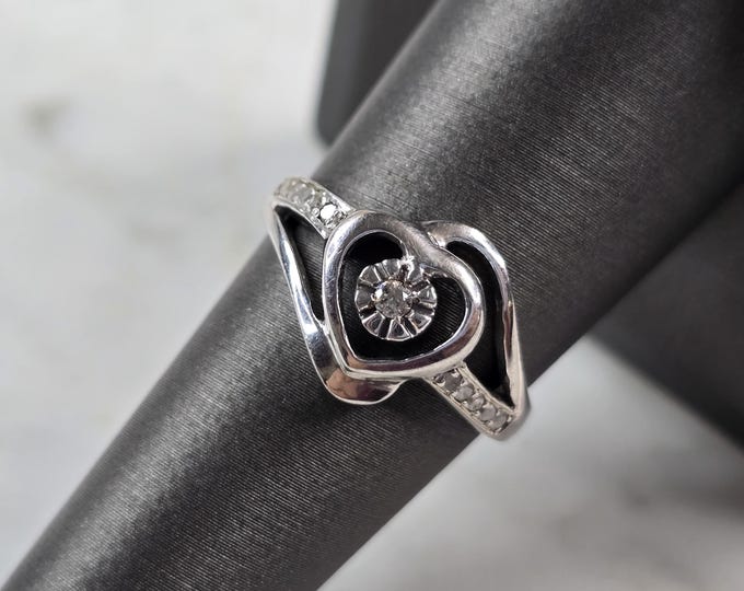 Womens Vintage Estate Sterling Silver Diamond Heart Ring 2.9g #E4273
