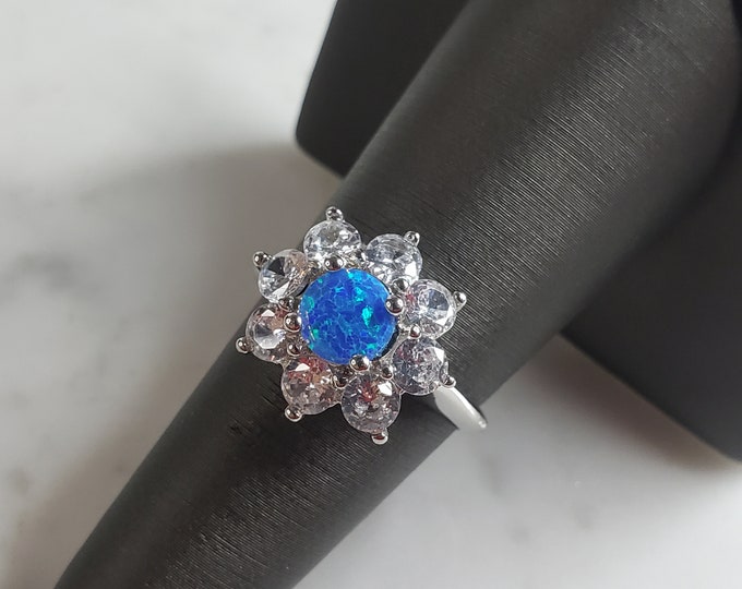 Womens Estate Sterling Silver Modernist Blue Opal Floral Ring 3.7g E4205