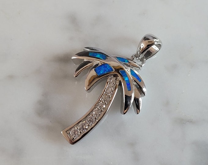 Womens Sterling Silver Blue Opal Beach Palm Tree Pendant 3.2g E6300
