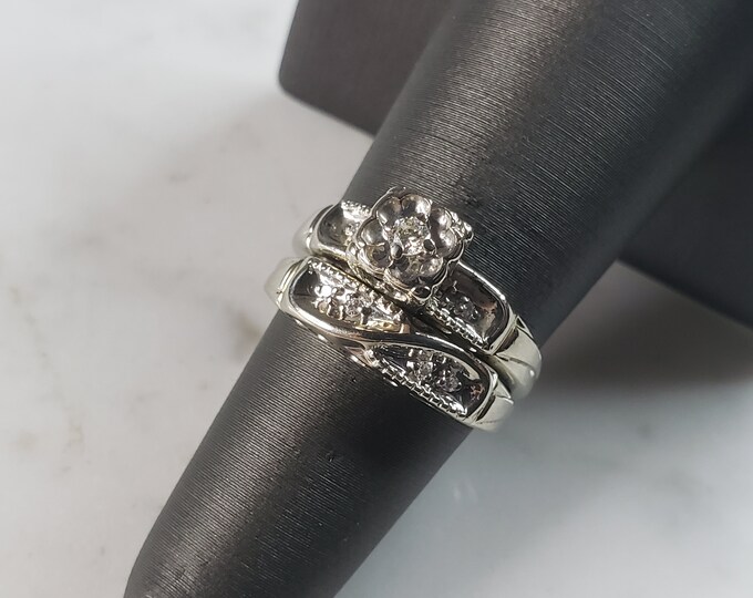 Womens Vintage Estate 14K White Gold Diamond Engagement Ring Set, 4.4g E1143