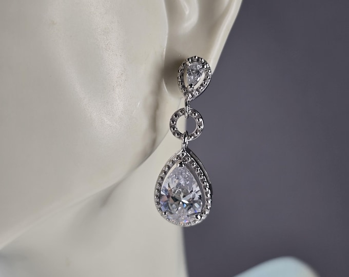 Womens Vintage Estate Sterling Silver CZ Dangle Earrings 6.9g E7665