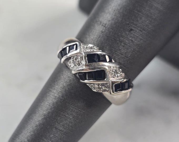 Womens Vintage Estate 14K White Gold Sapphire Diamond Ring 3.8g E4639