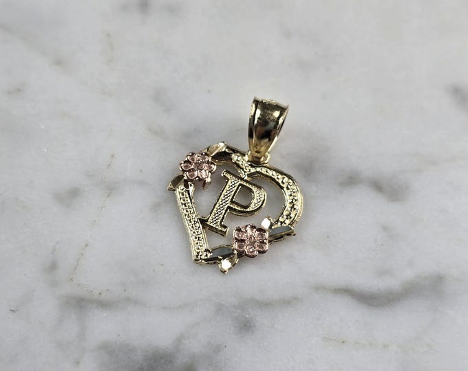 Womens 10K Yellow & Rose Gold Initial Letter " P "  Heart Pendant 0.9g E6250