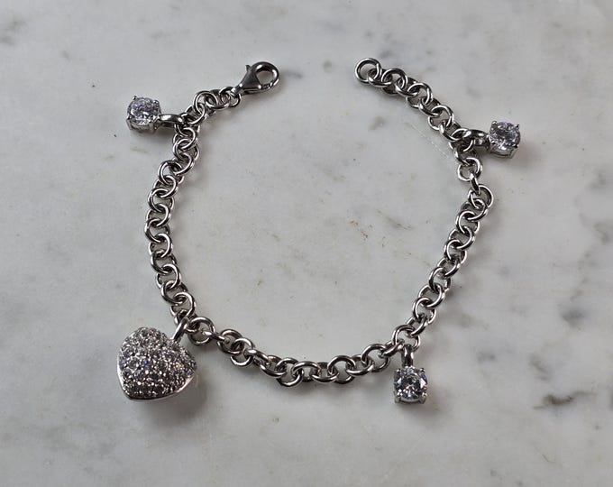 Womens Vintage Estate Sterling Silver Heart Charm Bracelet 15.5g E6654