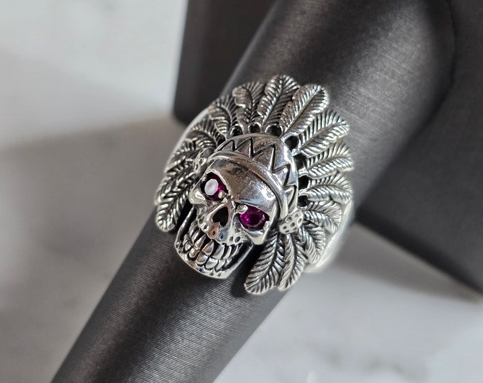 Mens Estate Sterling Silver Chief Head Skull Gothic Ring 6.9g E7837