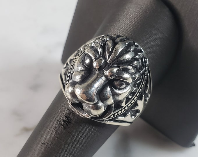 Mens Sterling Silver Lion Head Ring 10.7g E6412