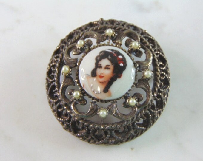 Womens Vintage Estate Sterling Silver Hand Painted Porcelain Brooch 21.1g E5578