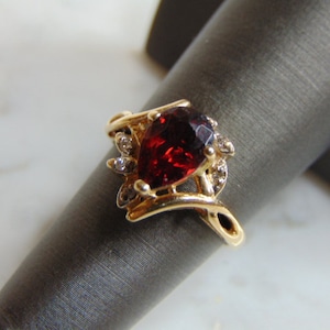 Bague Vintage Estate 10k Yellow Gold Garnet & Diamond Femme 3.1g #E2361