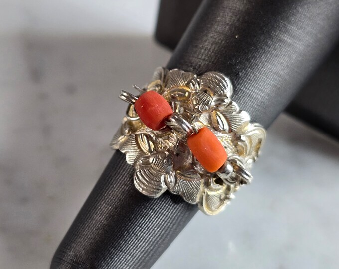 Womens Vintage Estate Sterling Silver Bumble Bee Coral Ring 4.6g E7608