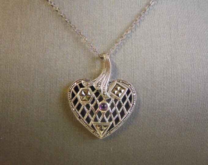 Women's Vintage Estate Sterling Silver Heart Necklace w/ Amethyst 7.5g E4213