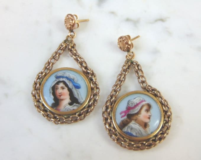 Vintage Estate 14K Gold Hand Painted Porcelain Earrings 12g E3052