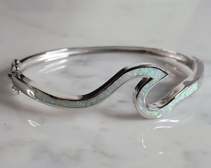 Womens Sterling Silver Modernist Opal Wave Bangle Bracelet 19.1g E2899