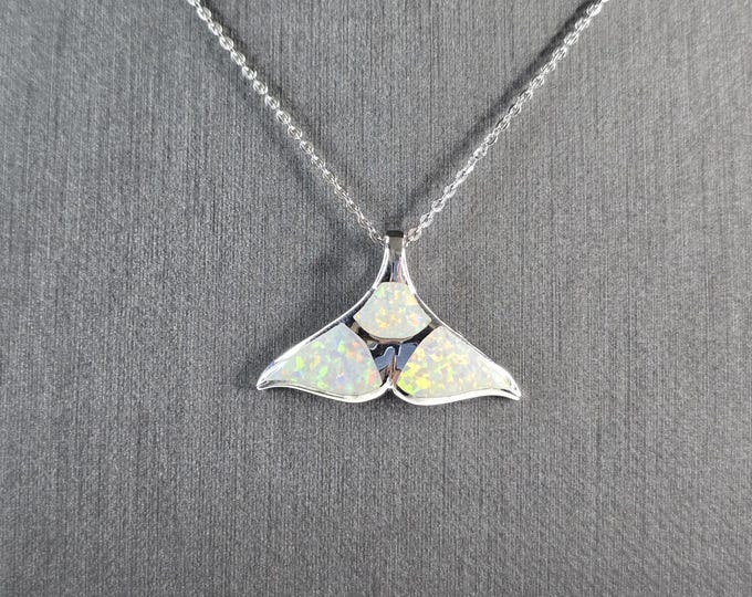Womens Sterling Silver Opal Modernist Whale Tail Pendant Necklace 5.4g E6890