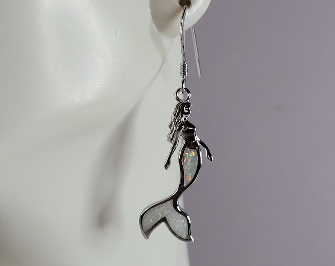 Womens Sterling Silver Modernist Opal Mermaid Earrings 5.1g E2836