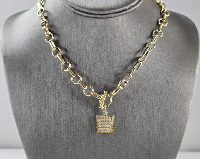 Womens Estate Sterling Silver Gold Tone CZ Charm Necklace 27.5g E1791