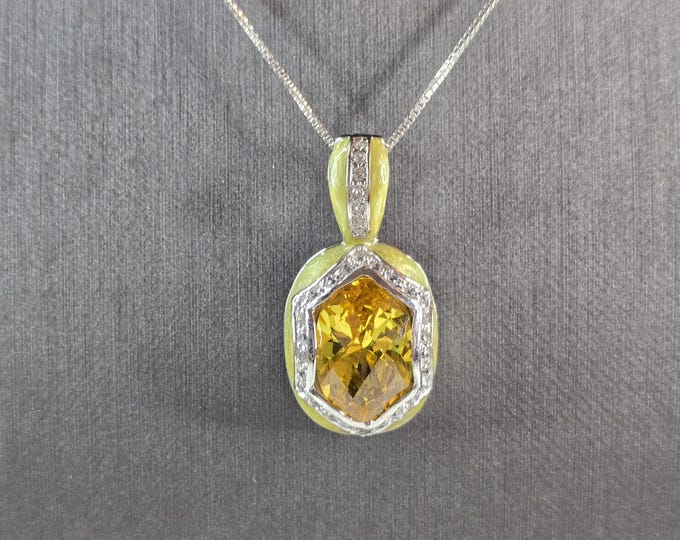 Womens Sterling Silver Necklace w/ Citrine Stone Enamel Pendant 13.3g E1580