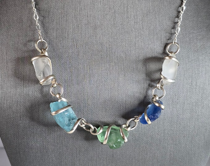 Womens Vintage Estate Sterling Silver Modernist Sea Glass ? Necklace 22.7g E7364