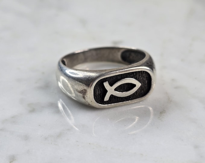 Mens Vintage Estate Sterling Silver Christian Jesus Fish Ring 8.2g E3962
