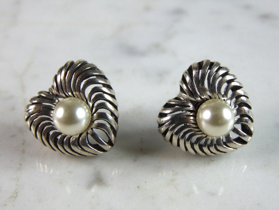 Womens Vintage Estate Sterling Silver Pearl Heart… - image 2