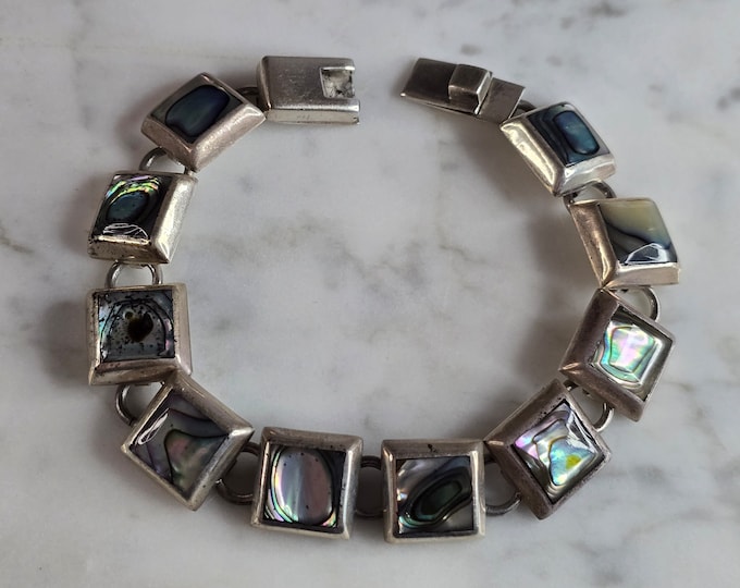 Womens Vintage Estate Sterling Silver Abalone Bracelet 36.6g E7523