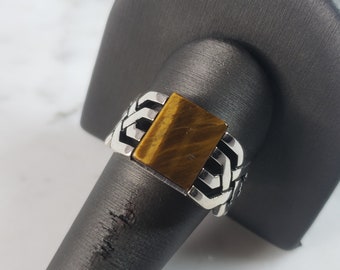 Mens Sterling Silver Tigers Eye Ring 7.4g E6414