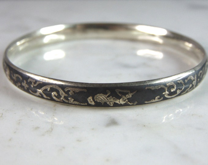 Womens Vintage Estate Sterling Silver Siam Bangle Bracelet 11g E876