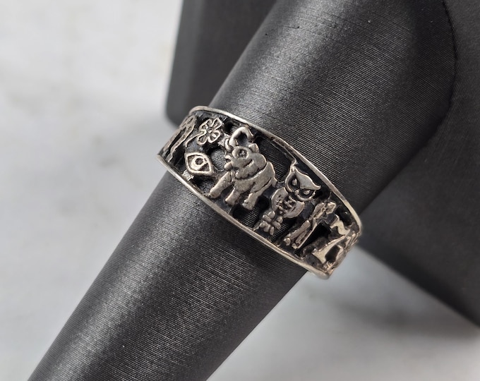 Womens Vintage Sterling Silver Lucky Elephant Horseshoe Clover Ring 4.1g E4990