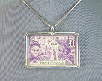 Pendentif vintage Estate pour femme estampe de la Guyane française avec collier, 13,1 g E5814