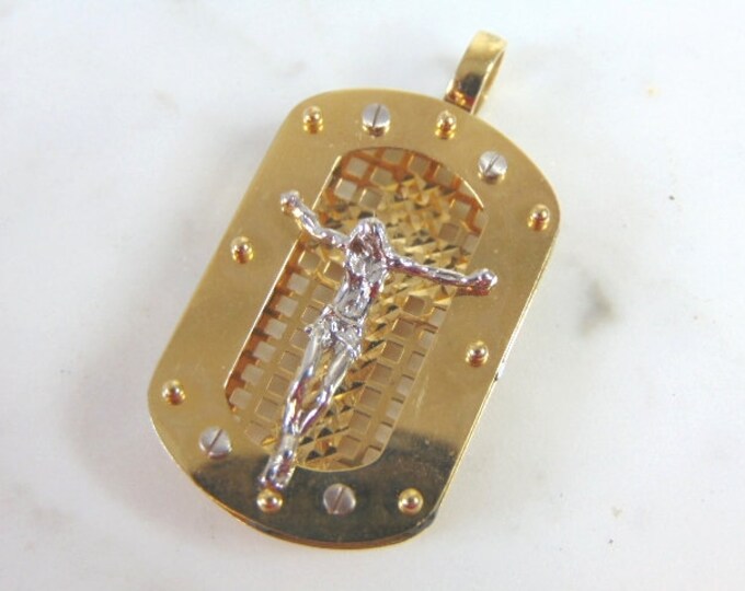 Beautiful 14K Yellow & White Gold Religious Cross Pendant, 6.6g E993