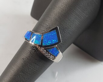 Womens Estate Sterling Silver Modernist Blue Opal & CZ Ring 4.8g E4304