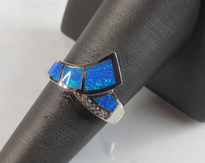 Womens Estate Sterling Silver Modernist Blue Opal & CZ Ring 4.8g E4304