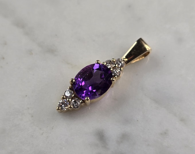 Womens Vintage Estate 14K Yellow Gold Amethyst Diamond Pendant 3.5g E760