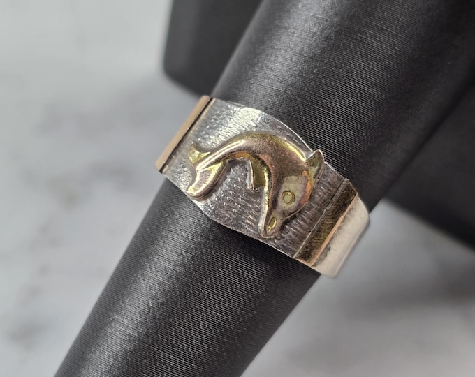 Womens Vintage Estate .950 Sterling Silver 18K Gold Dolphin Ring 2.9g E3742