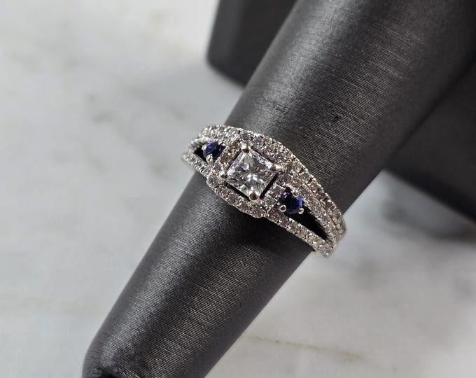Womens Vintage Estate 14K White Gold Diamond Sapphire Ring Set 4.5g E5586