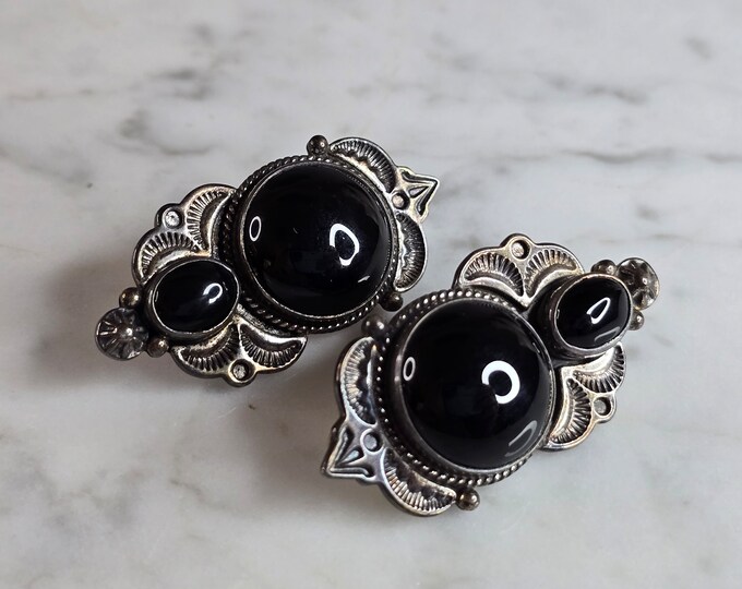 Womens Vintage Estate Sterling Silver Reve Onyx Earrings 20.7g E7676