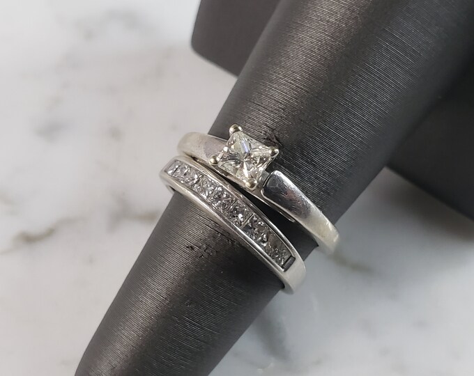 Womens Vintage Estate 14K White Gold Diamond Engagement Ring Set, 6.4g E6292