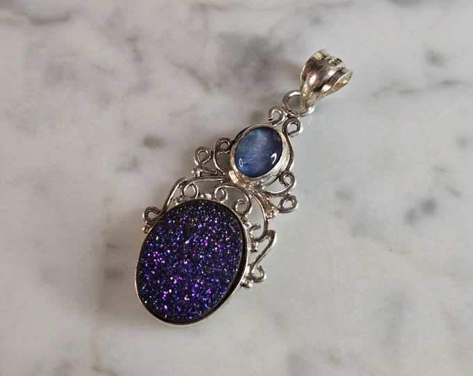 Womens Vintage Estate Sterling Silver Druzy Stone Pendant 4.9g E7628