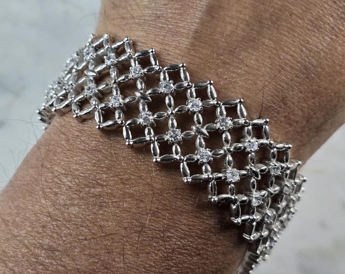 Womens Sterling Silver Modernist CZ Mesh Bracelet 49.1g E6658