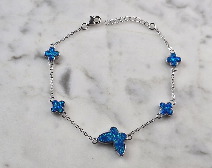 Womens Sterling Silver Blue Opal Butterfly Charm Bracelet 5.3g E3133