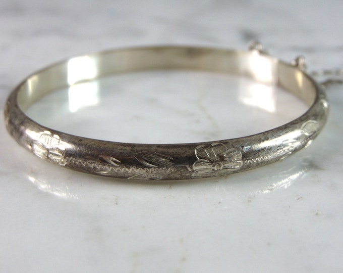 Womens Vintage Estate Sterling Silver Etched Bangle Bracelet 8.1g E3159