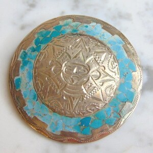 Womens Vintage Estate Sterling Silver Mayan Brooch w/ Turquoise Stone 19.3g E5143