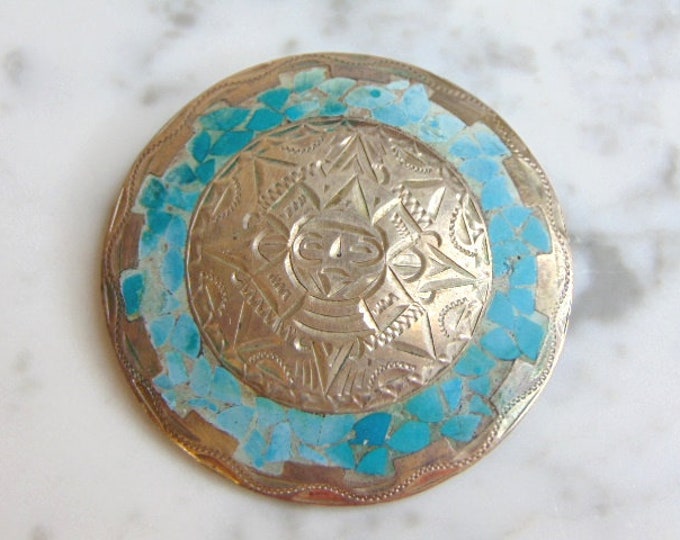Womens Vintage Estate Sterling Silver Mayan Brooch w/ Turquoise Stone 19.3g E5143