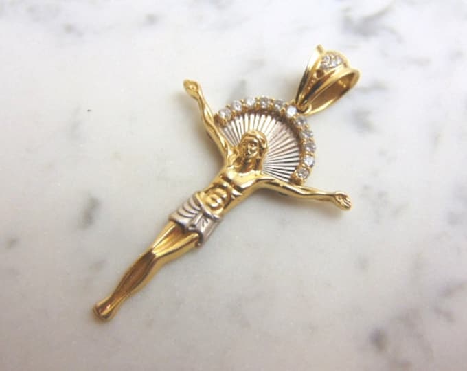 Vintage Estate 14K Gold & CZ Religious Jesus on Cross Pendant 8.2g E856