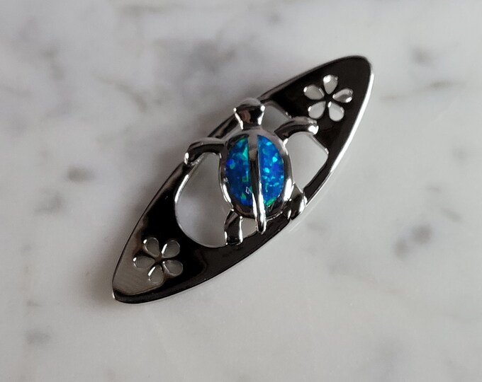 Womens Sterling Silver Opal Surfing Sea Turtle Pendant 3.8g E2803