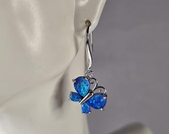Womens Sterling Silver Blue Opal Butterfly Earrings 5.5g E4527